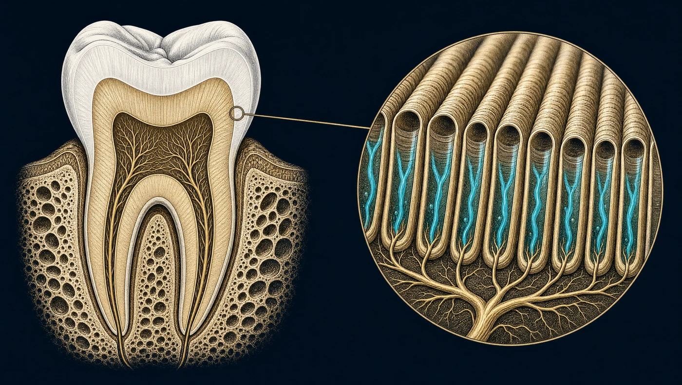 Dentinal tubules open as enamel wears or the gum line recedes.